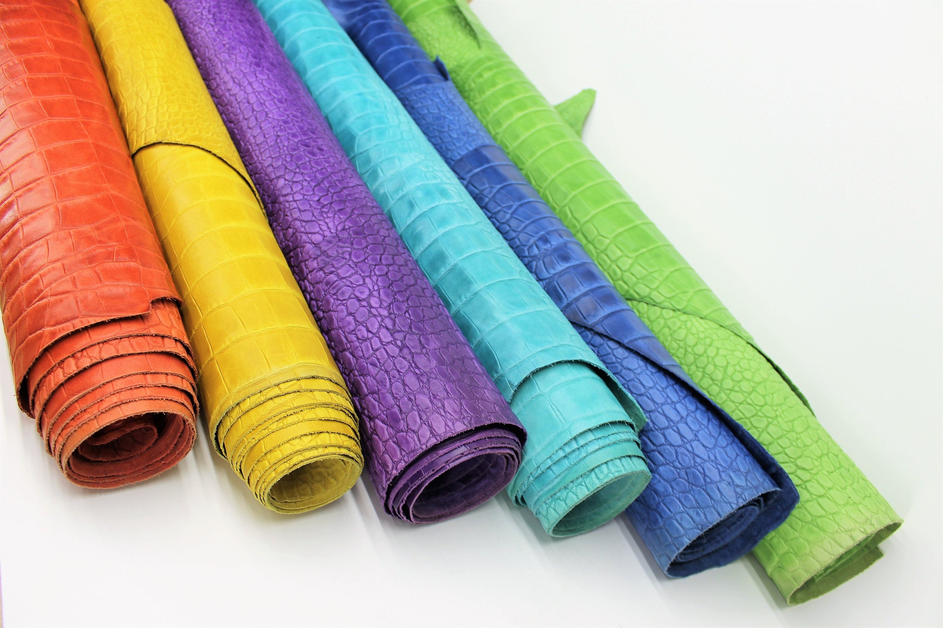 Crocodile Reptile embossed leather | Red Yellow Purple Blue Green Turquoise | 0.8-1.0 mm | 2-3 OZ | sheets pieces | Full Hides Available