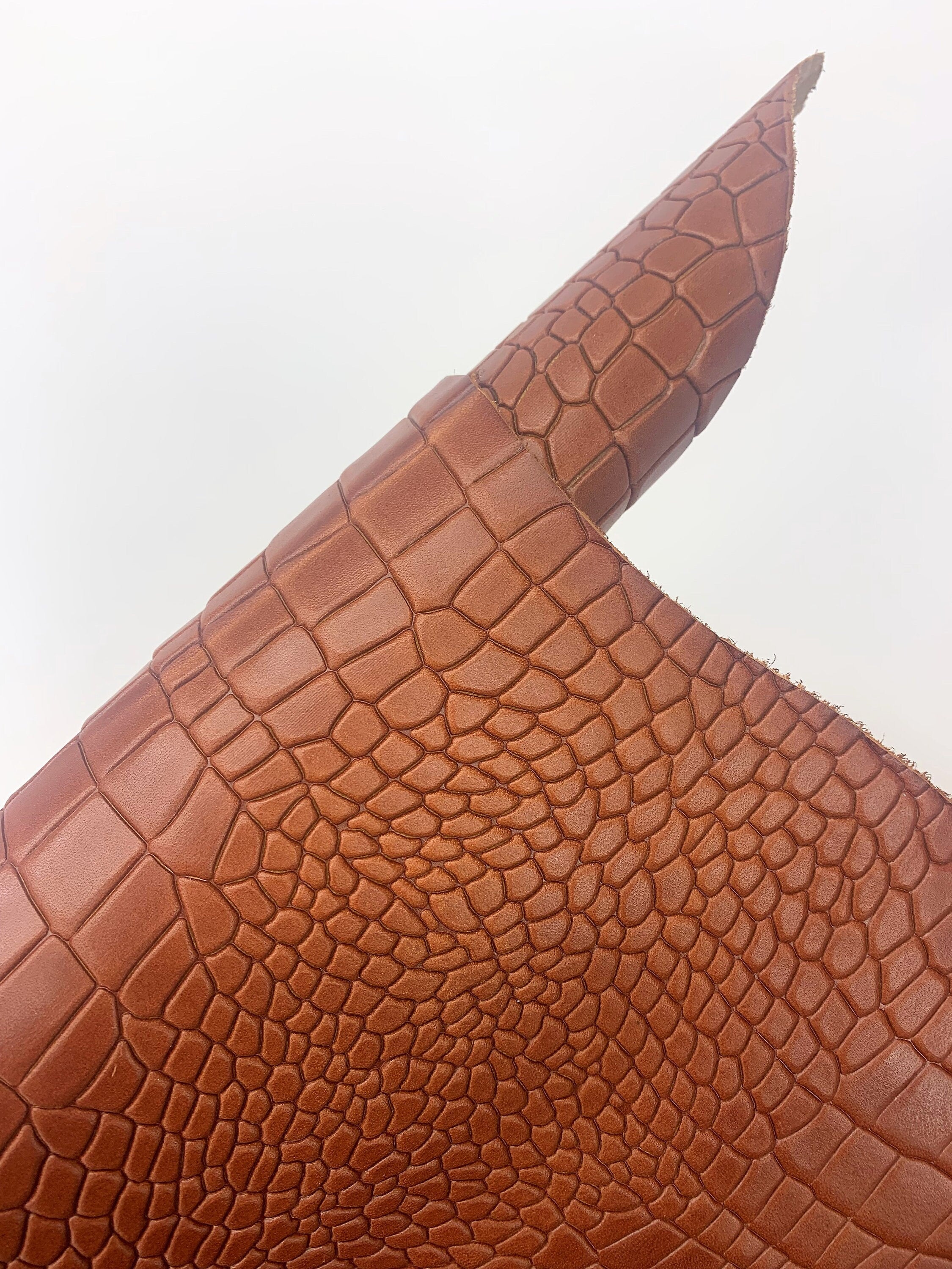 Cow leather with crocodile print Vegetable tanned reptile 100% natural leather | Cognac color | cow embossed pieces sheets