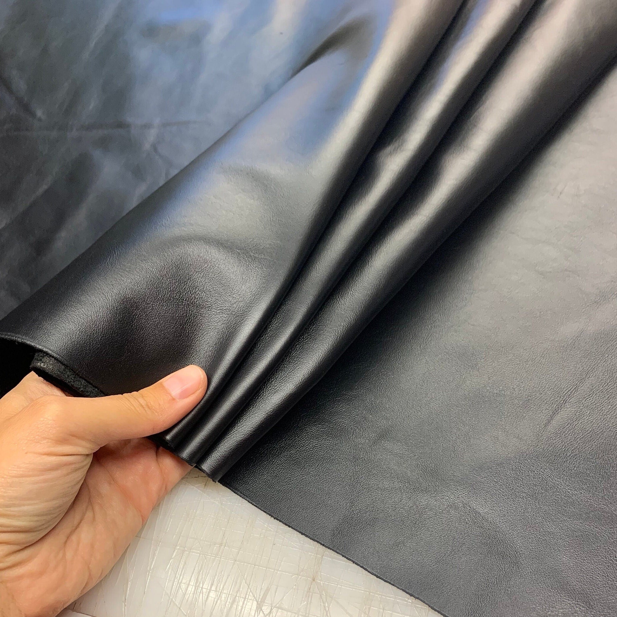 Black leather Thin soft 0.8-1 mm 2oz | Calf | soft versatile elastic | hides sheets | for bags, shoes, clothing, bookbinding | leathercraft