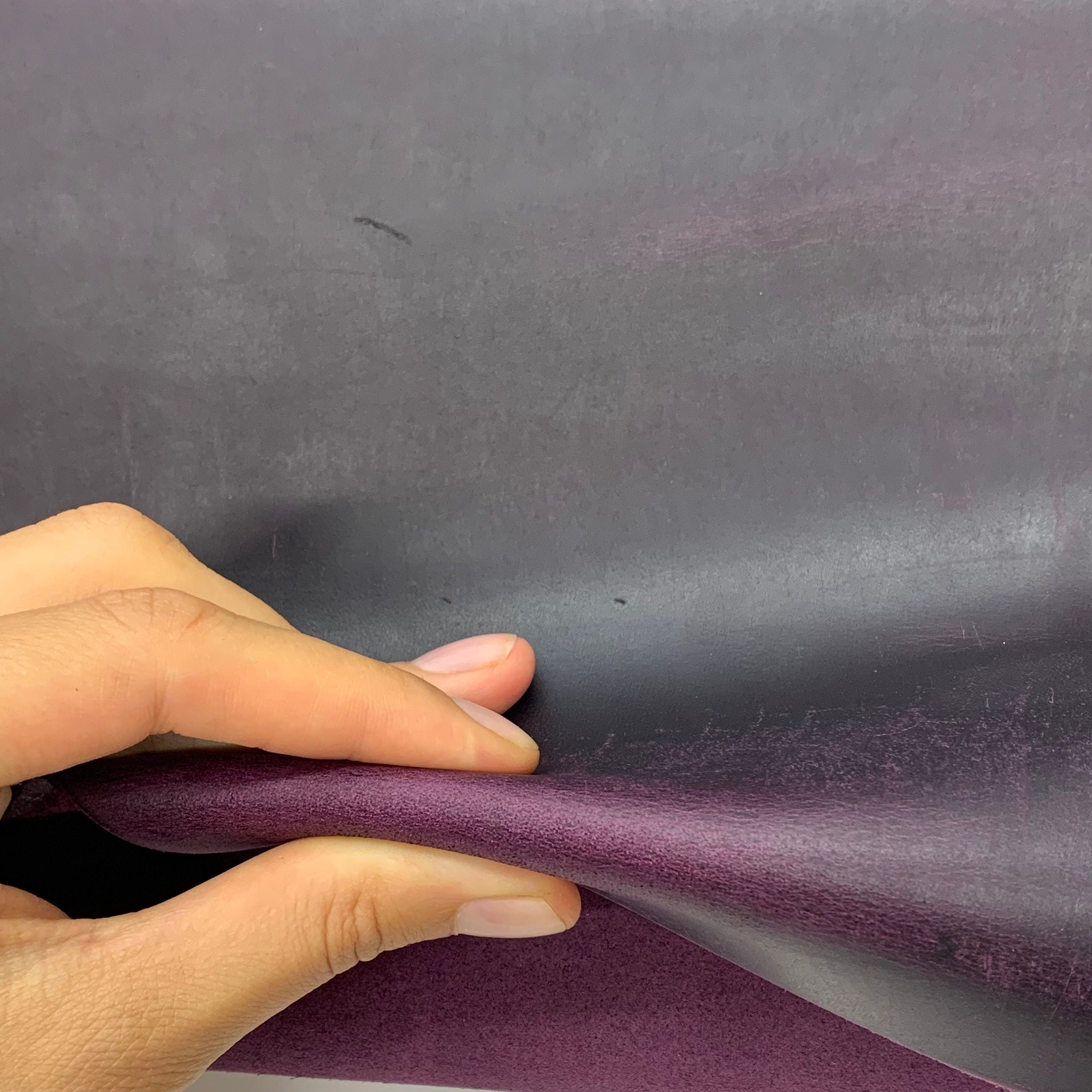 Purple pull up real leather 2 mm 5 oz thick crazy horse waxy oily finishing distressed violet dark for bags shoes leathercraft