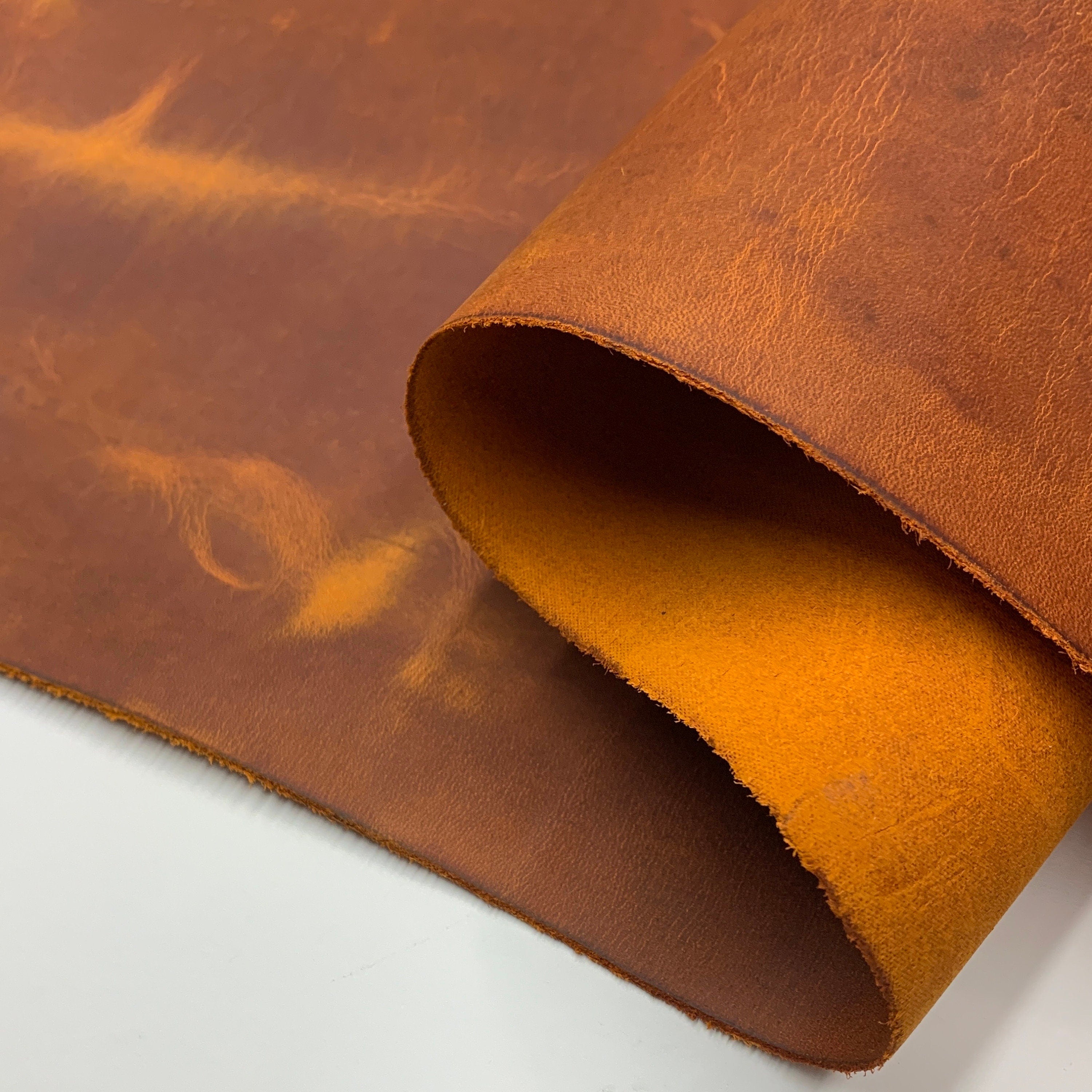 Orange pull up real leather 1.4 4 oz crazy horse waxy oily finishing distressed rust color for bags shoes leathercraft