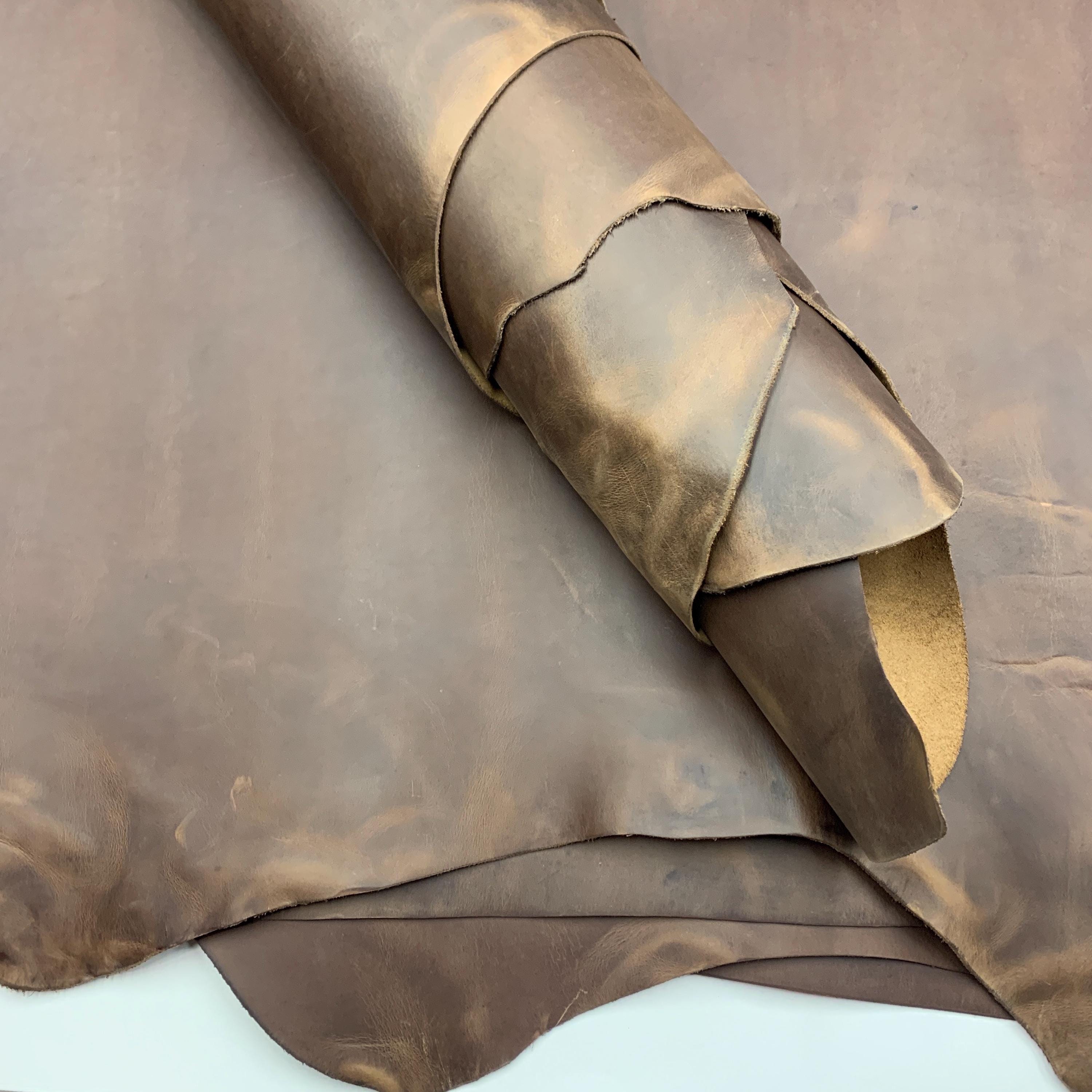 Brown leather pull up real 2-2.2mm 5oz thick crazy horse waxy oily finishing distressed for bags shoes leathercraft