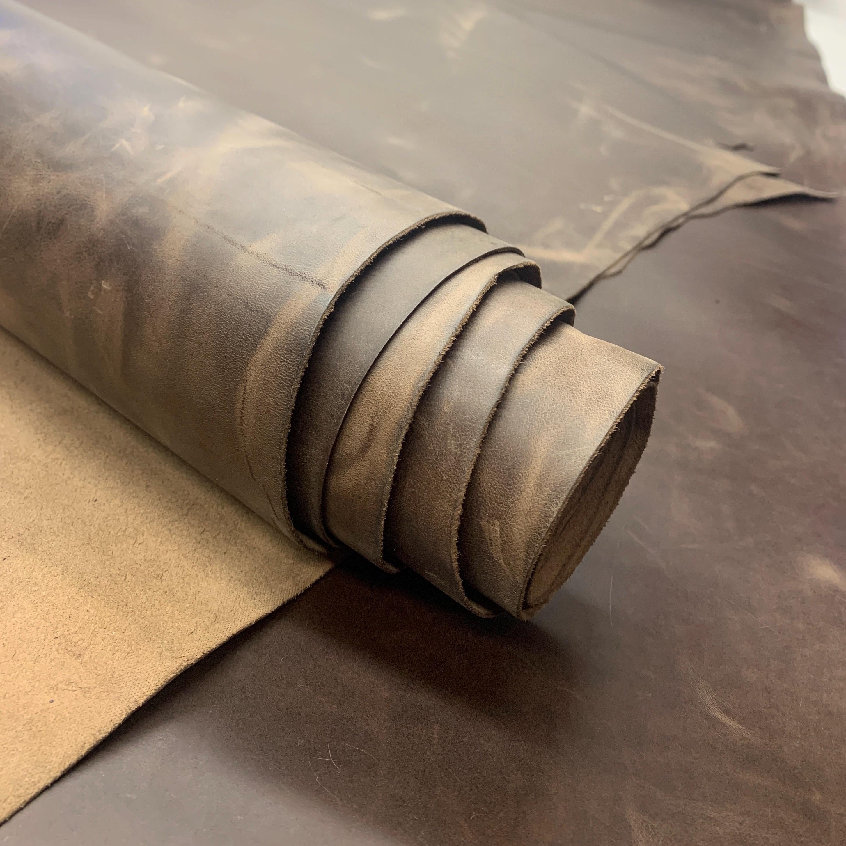 Brown leather pull up real 1.2mm 3oz thick crazy horse waxy oily finishing distressed