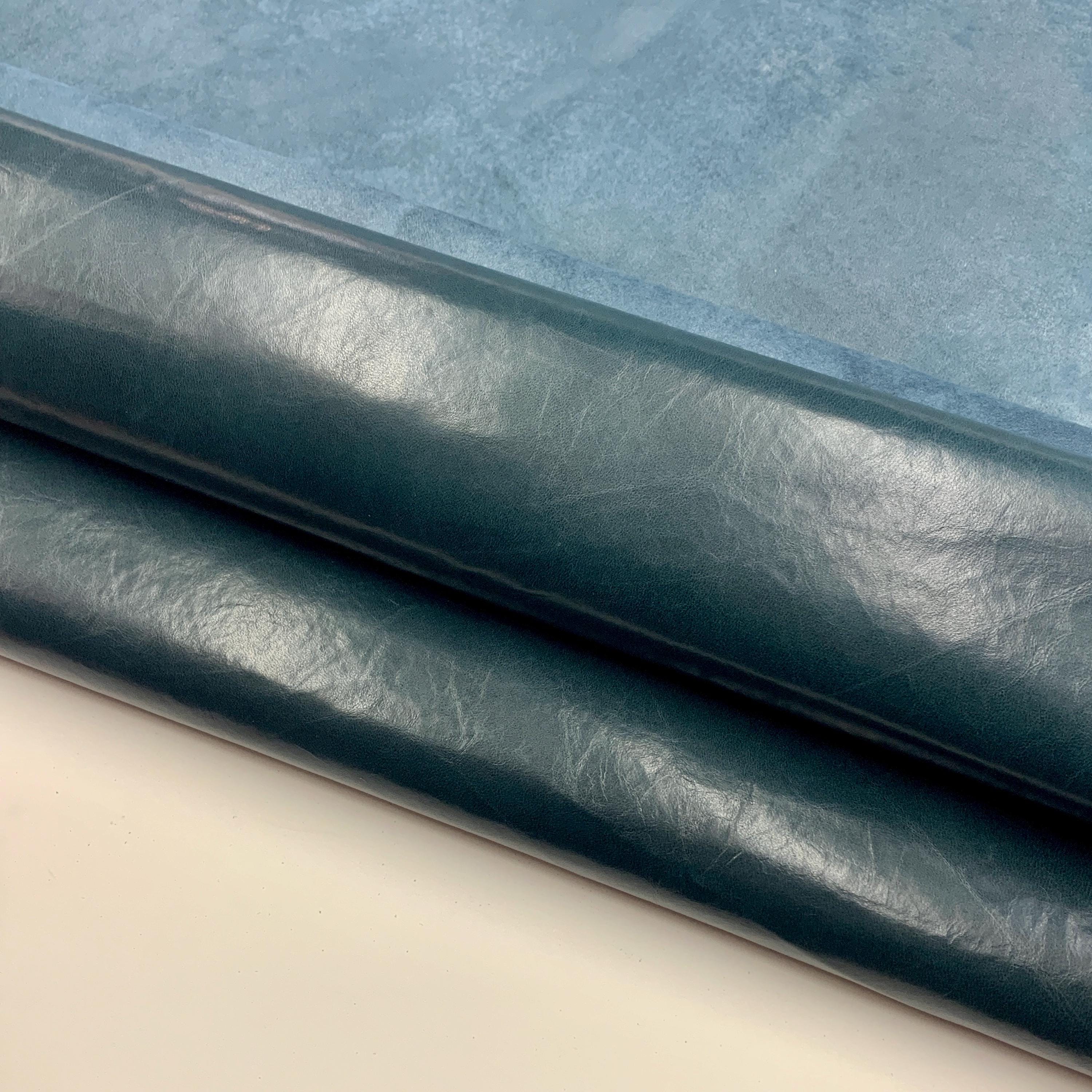 Leather Navy Teal Thin glossy nappa | Thin 0.3 mm 1oz | crunchy | Calf hides skins | For gloves garment dress jacket trousers pants purses