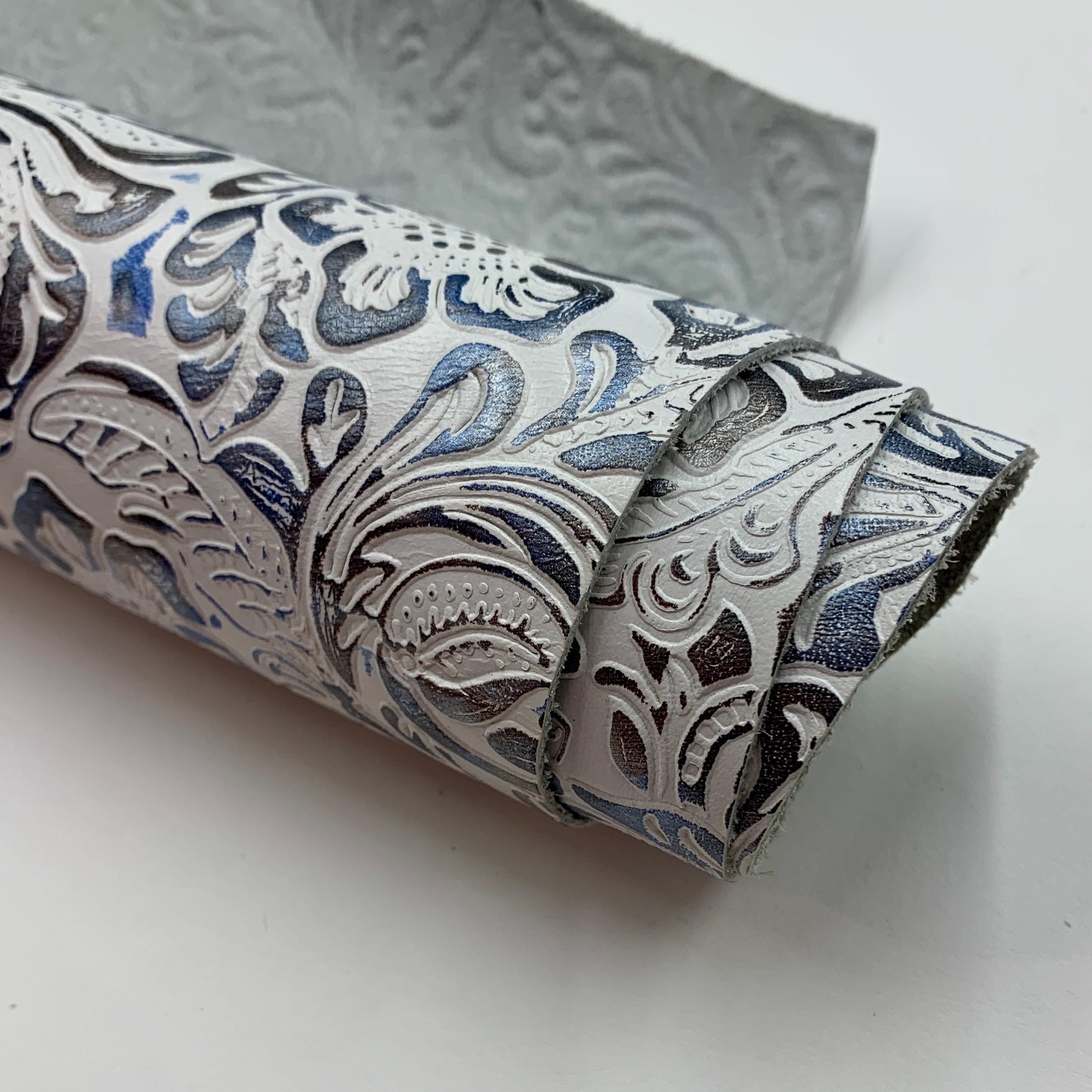 Leather floral embossed print flower | White blue silver | natural 1.2 mm 3 oz | cow embossed hides bags unholstery journal