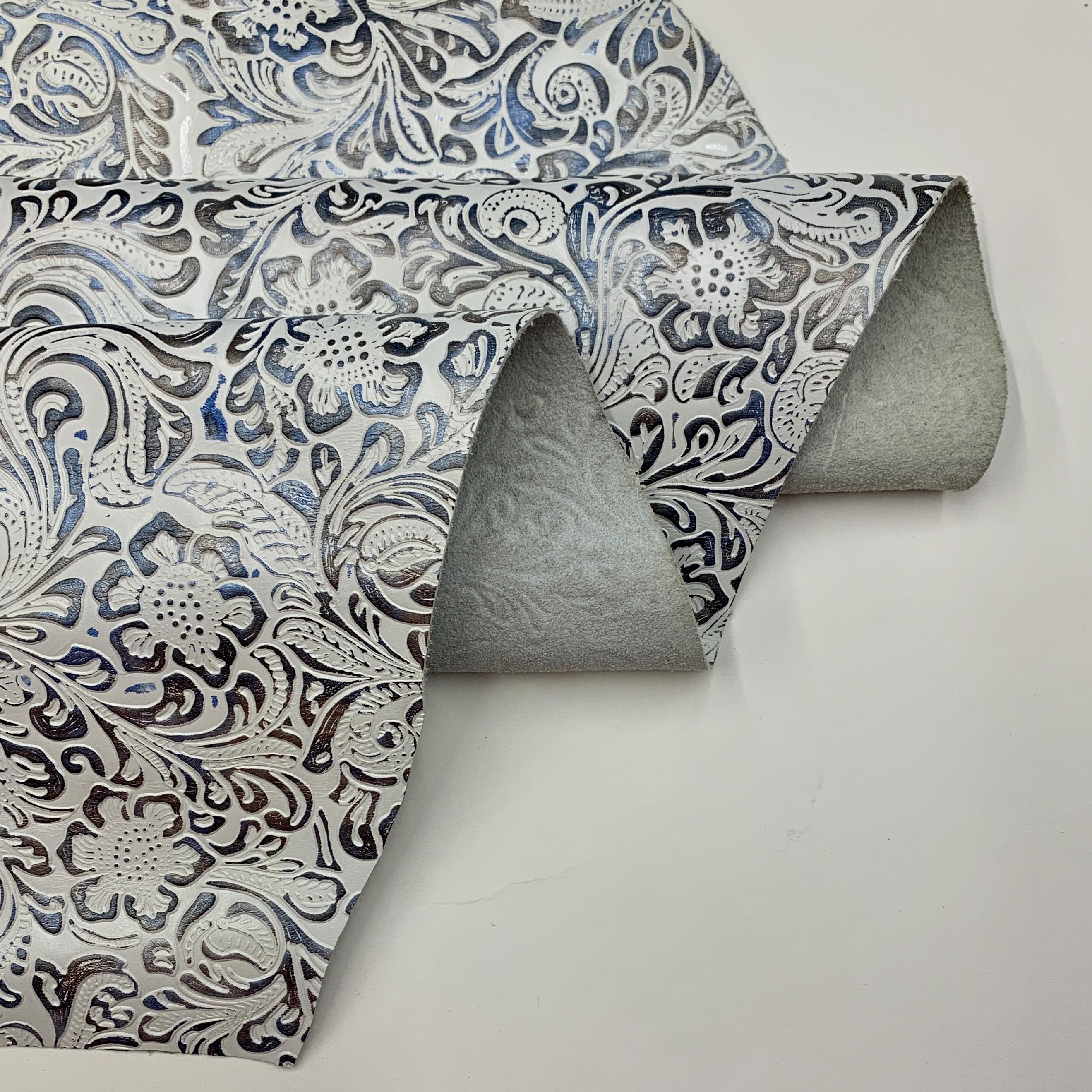 Leather floral embossed print flower | White blue silver | natural 1.2 mm 3 oz | cow embossed hides bags unholstery journal