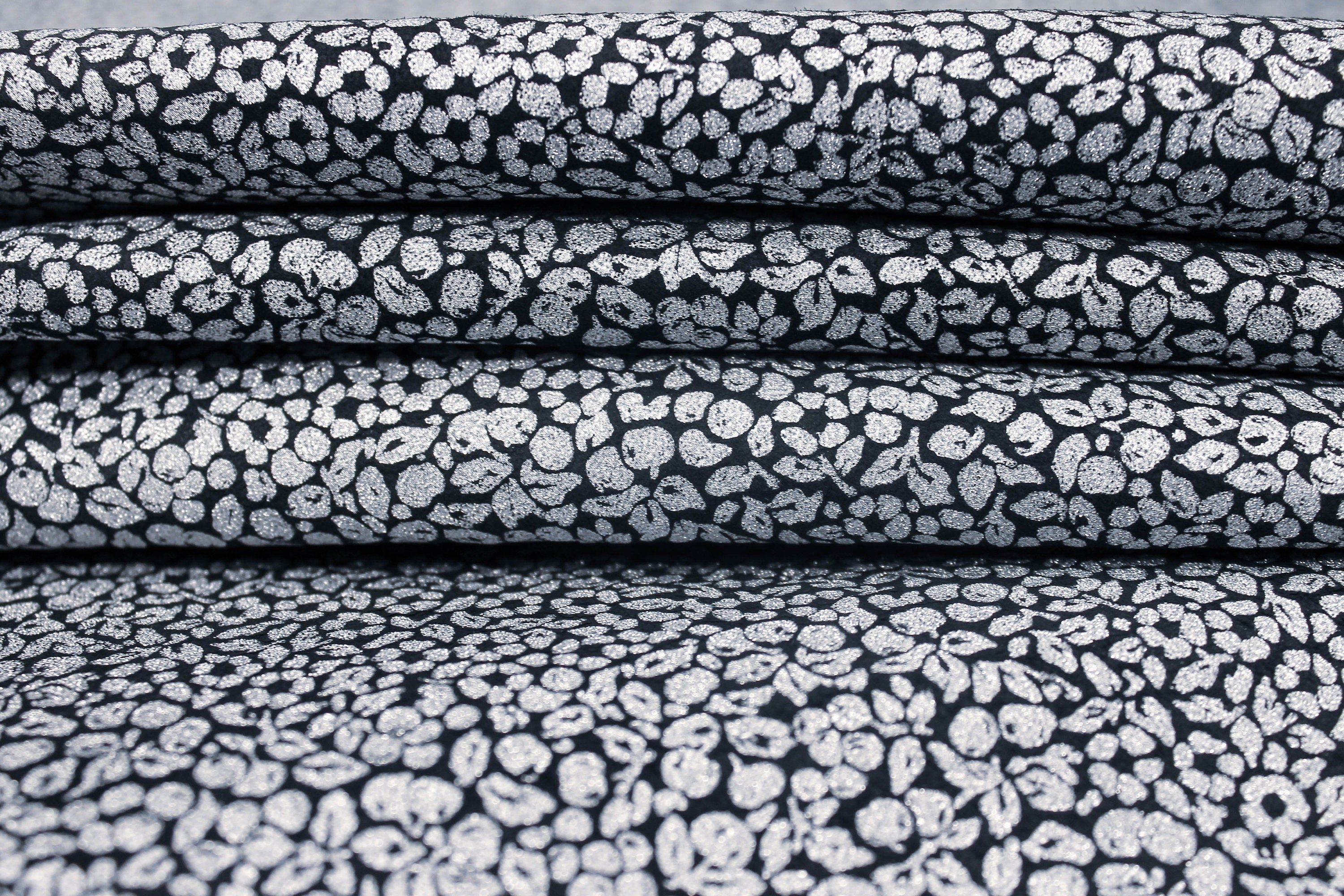 Natural sheep leather black color with silver fantasy flowers 0.8 mm for crafters bags wallets shoes