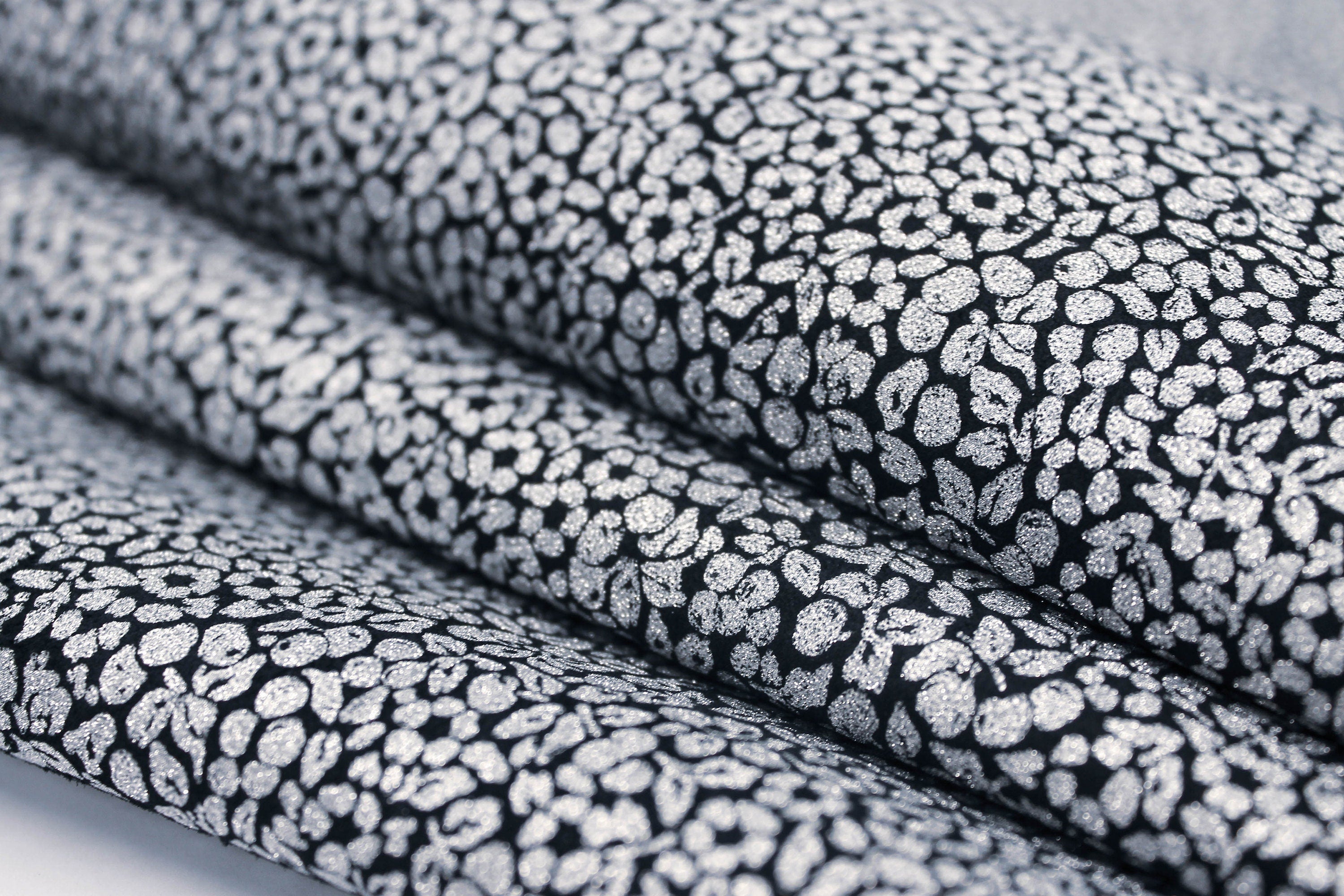 Natural sheep leather black color with silver fantasy flowers 0.8 mm for crafters bags wallets shoes