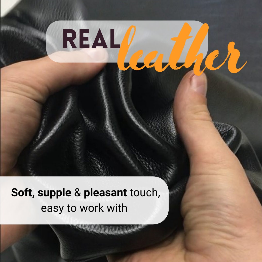 Black  pebbled milled textured cow leather | 1 mm | 2-3 oz | Real natural skin hide | Precut sheets panels | for bags, upholstery