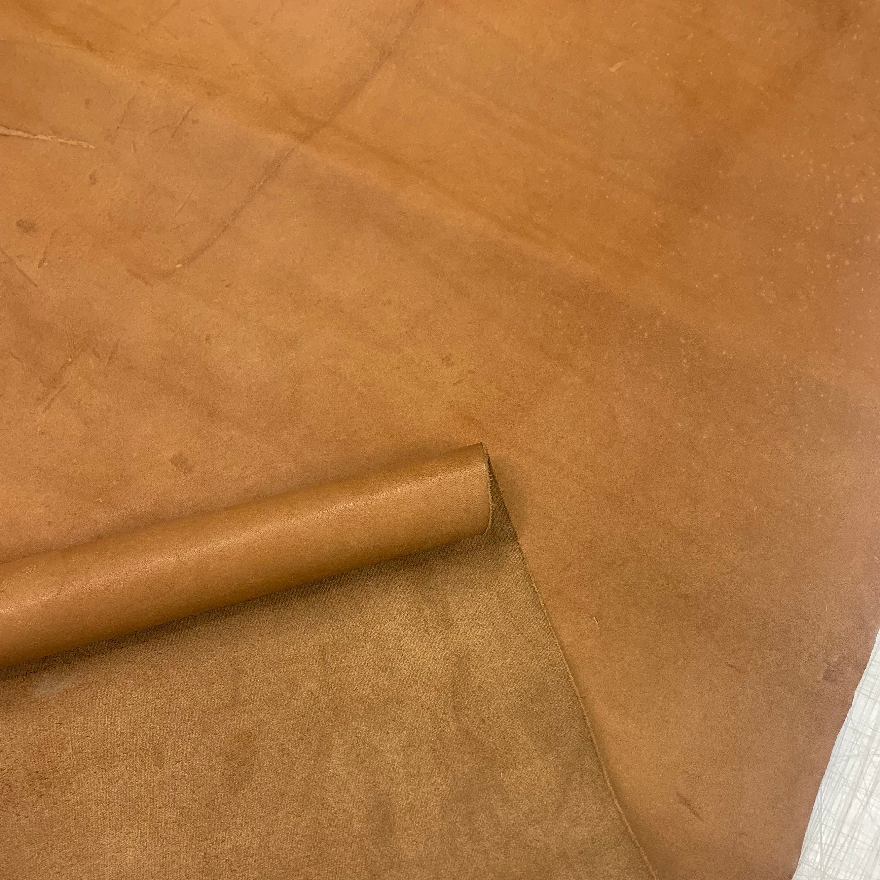Natural leather | light brown tan | 1.3-1.5mm | 3-4 oz | Medum stiff | Rustic vintage style with natural imperfections scars