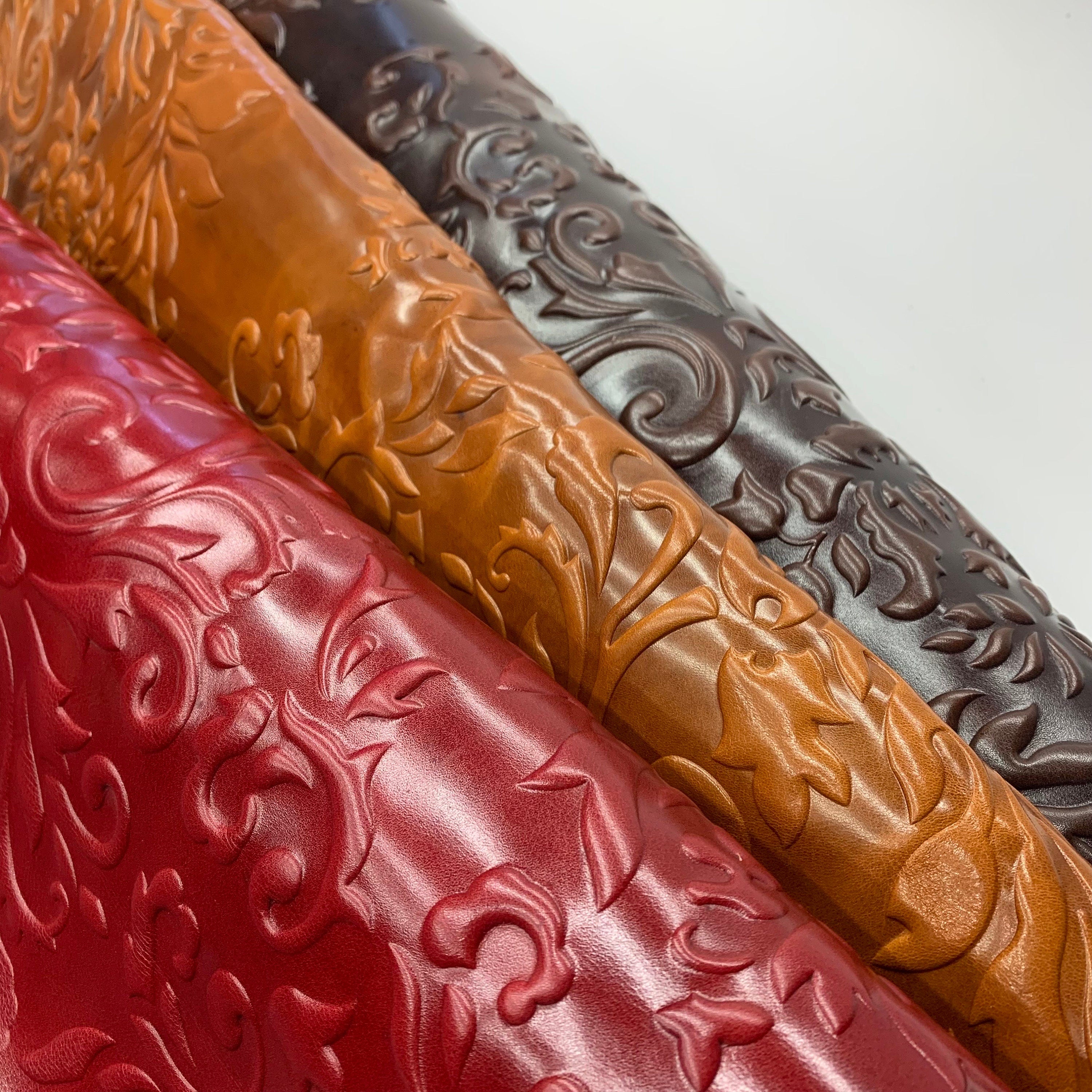 Leather floral embossed print flower | Red, brown, dark brown | natural 1.2 mm 3 oz  | glossy royal | cow embossed hides bags unholstery