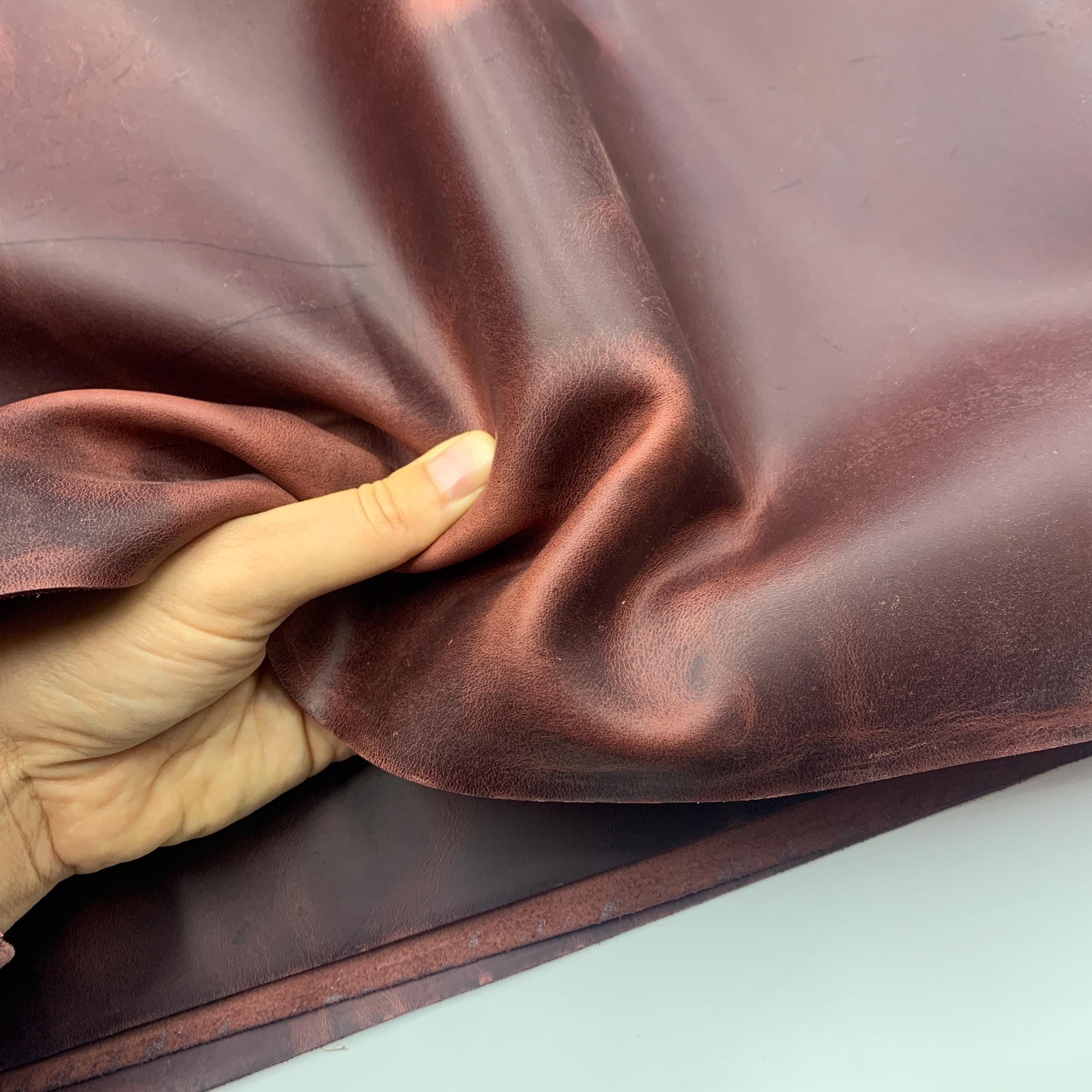 Burgundy leather light pull up real 1.6mm 4oz thick red crazy horse waxy oily finishing distressed for bags shoes leathercraft