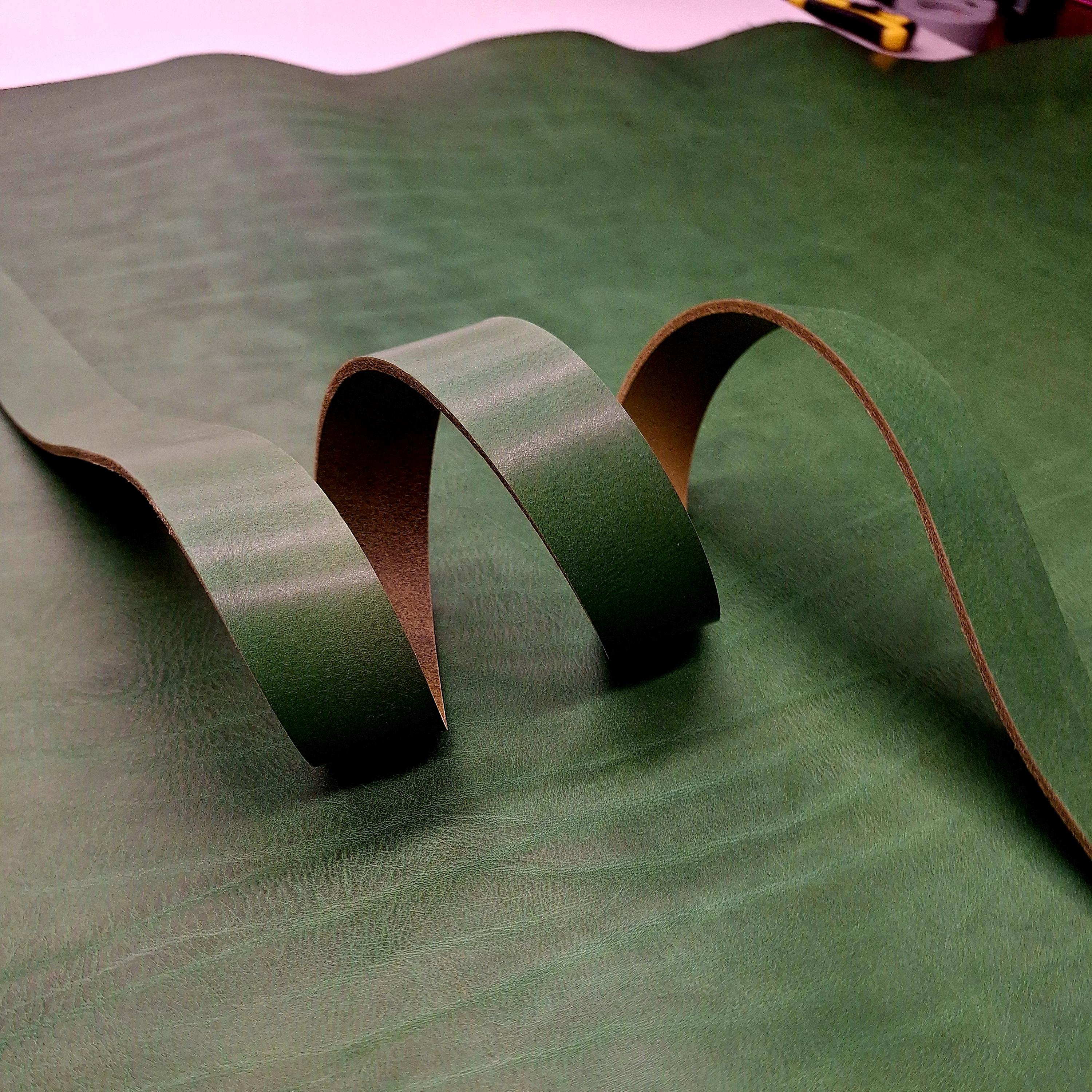 Green leather strap | belt blank | 130 cm, 51 inch long | 3.5-4.5 mm, 9-10-11 oz thick