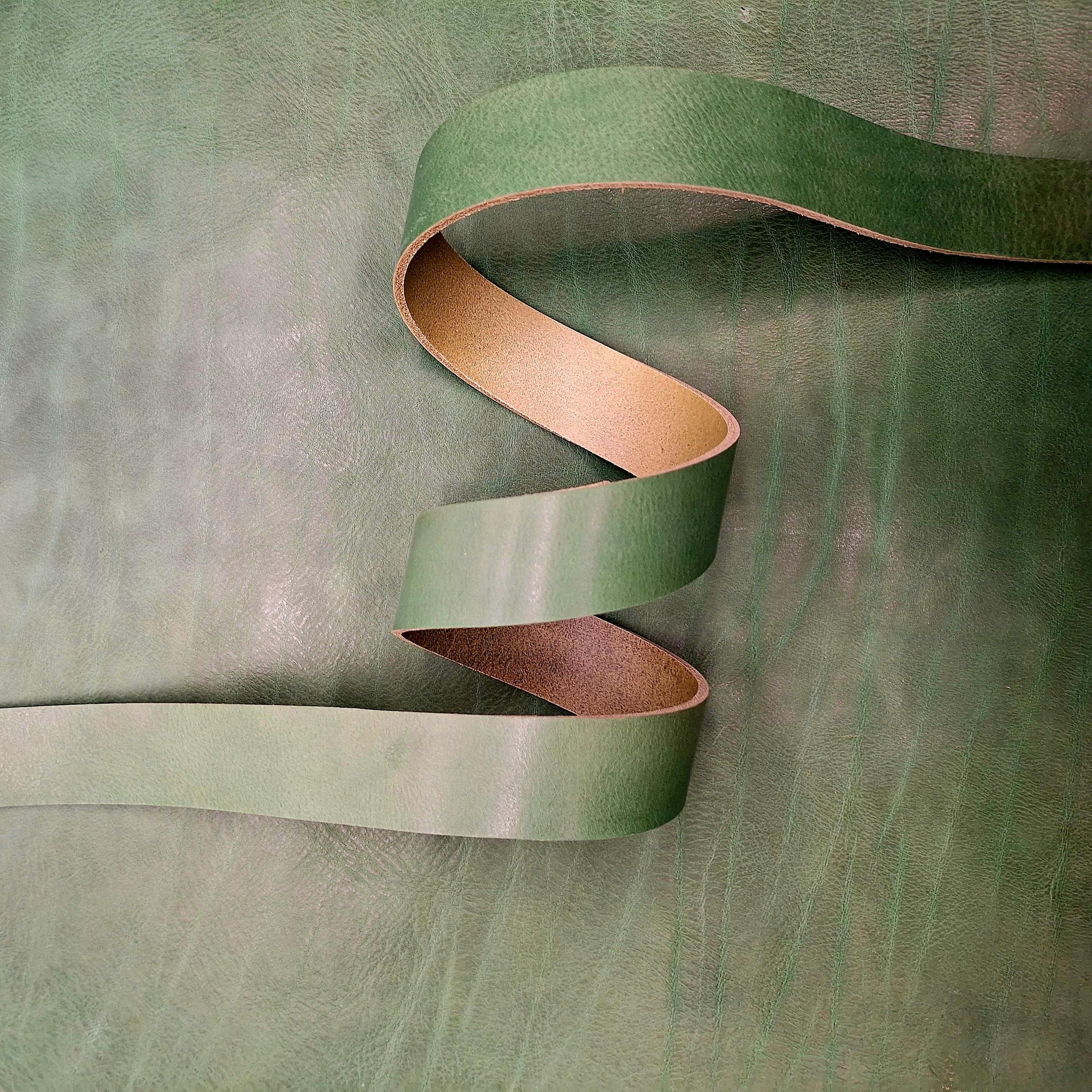 Green leather strap | belt blank | 130 cm, 51 inch long | 3.5-4.5 mm, 9-10-11 oz thick