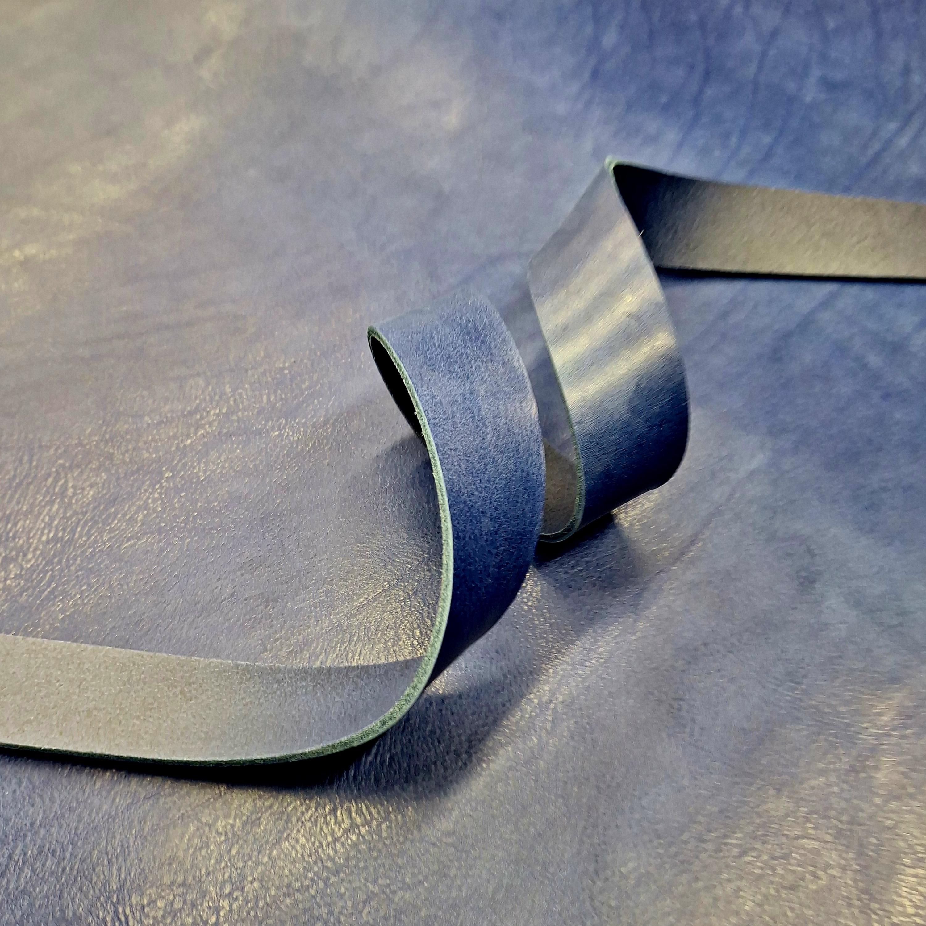 Blue leather strap | belt blank | 130 cm, 51 inch long | 3.5-4.5 mm, 9-10-11 oz thick